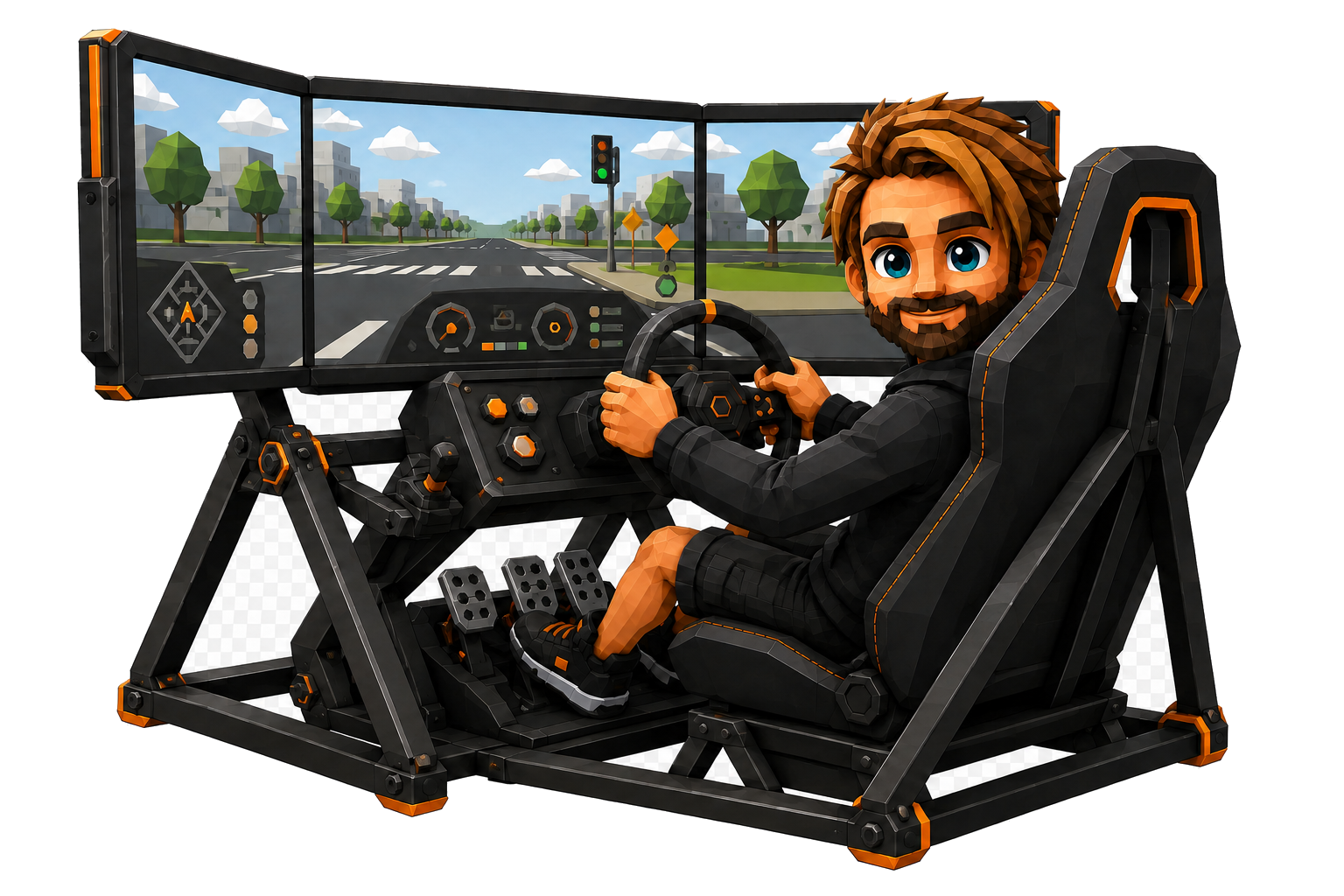 Der Fahrschulassistent sitzt am Steuer des Fahrsimulators